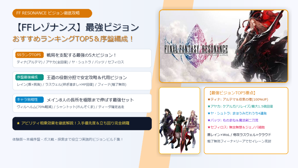 FFレゾナンス 最強ビジョンおすすめランキングTOP5 序盤おすすめパーティ編成 キャラ別相性まとめ