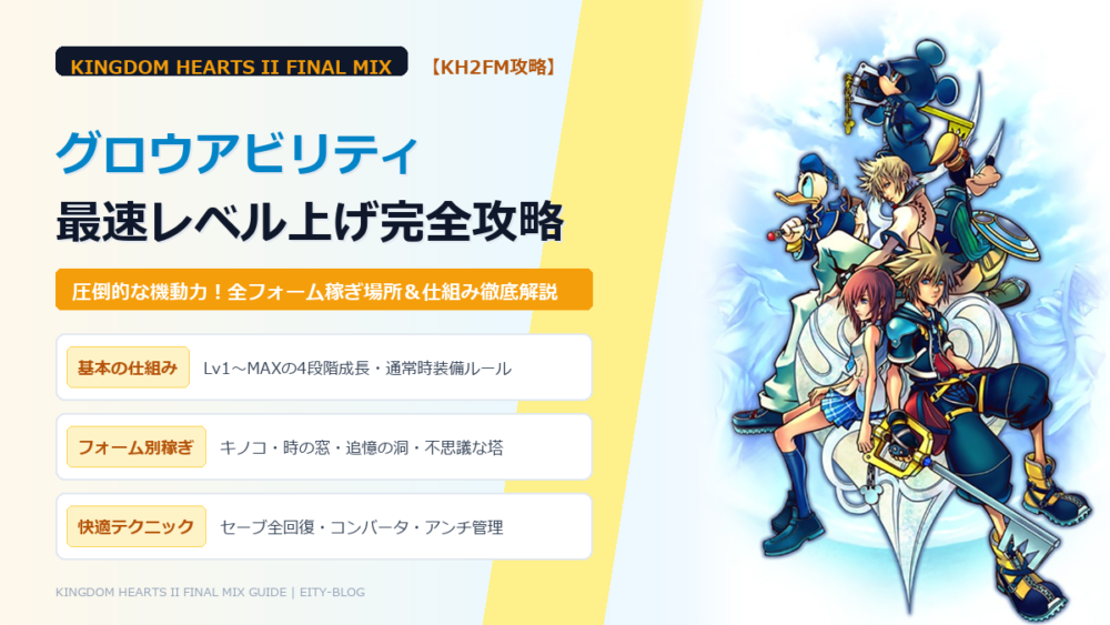 【KH2FM】グロウアビリティ入手方法&各フォーム最速レベル上げ場所まとめ!【ハイジャンプ・エアスライド・エアドッジ・グライド・ドッジロール】